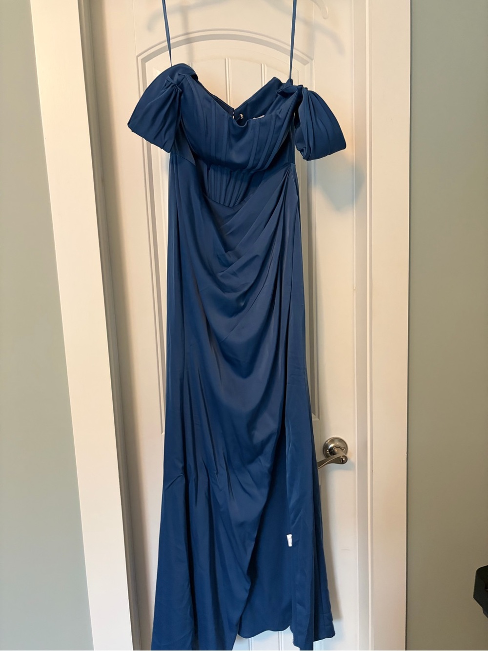 GB girls Navy Blue Off-Shoulder Draped Prom Gown